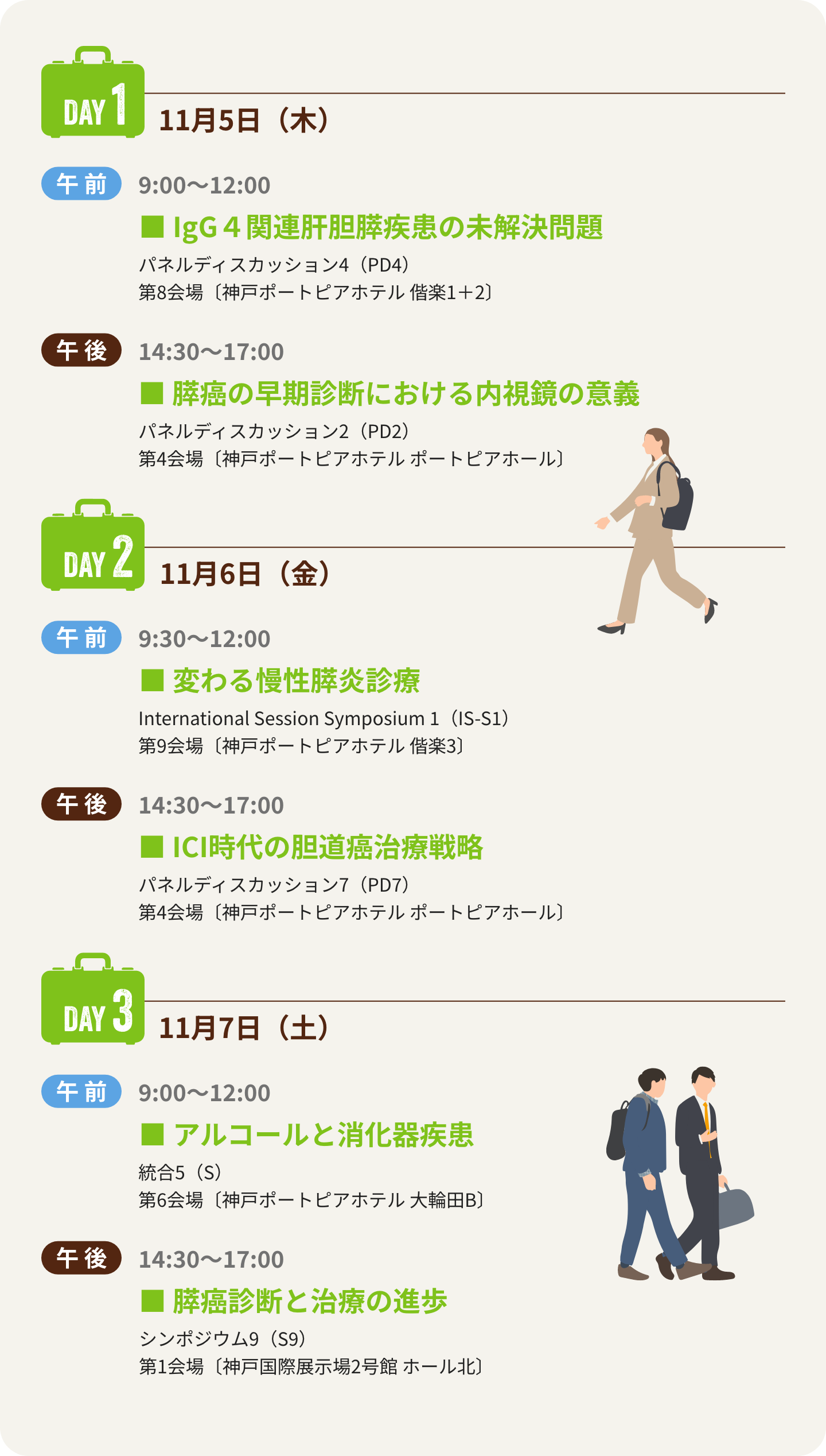1日目は、パネルディスカッション4「IgG４関連肝胆膵疾患の未解決問題」、パネルディスカッション2「膵癌の早期診断における内視鏡の意義」、2日目は、International Session Symposium 1「変わる慢性膵炎診療」、パネルディスカッション7「ICI時代の胆道癌治療戦略」、3日目は、統合5「アルコールと消化器疾患」、シンポジウム9「膵癌診断と治療の進歩」