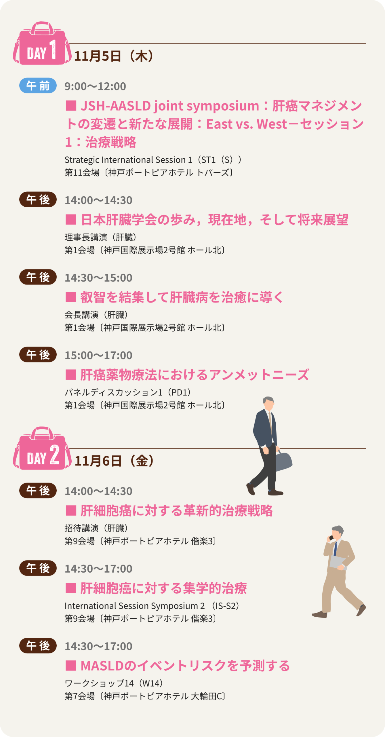 1日目は、Strategic International Session 1「JSH-AASLD joint symposium：肝癌マネジメントの変遷と新たな展開：East vs. West－セッション1：治療戦略」、理事長講演（肝臓）「日本肝臓学会の歩み，現在地，そして将来展望」、会長講演（肝臓）「叡智を結集して肝臓病を治癒に導く」、パネルディスカッション1「肝癌薬物療法におけるアンメットニーズ」、2日目は、招待講演（肝臓） 「肝細胞癌に対する革新的治療戦略」、International Session Symposium 2「肝細胞癌に対する集学的治療」、ワークショップ14「MASLDのイベントリスクを予測する」