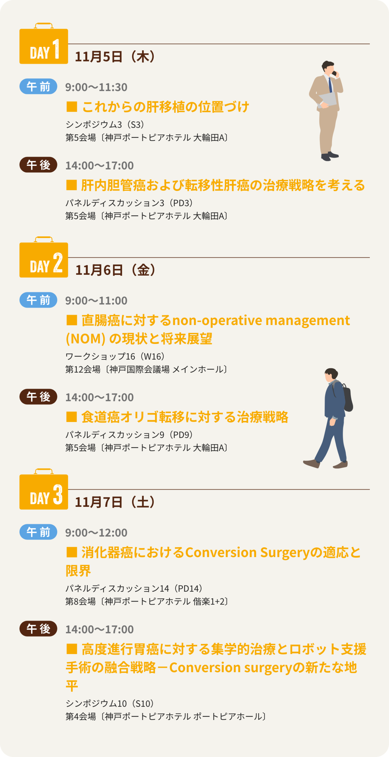 1日目は、シンポジウム3「これからの肝移植の位置づけ」、パネルディスカッション3「肝内胆管癌および転移性肝癌の治療戦略を考える」、2日目は、ワークショップ16「直腸癌に対するnon-operative management (NOM) の現状と将来展望」、パネルディスカッション9「食道癌オリゴ転移に対する治療戦略」、3日目は、パネルディスカッション14「消化器癌におけるConversion Surgeryの適応と限界」、シンポジウム10「高度進行胃癌に対する集学的治療とロボット支援手術の融合戦略－Conversion surgeryの新たな地平」