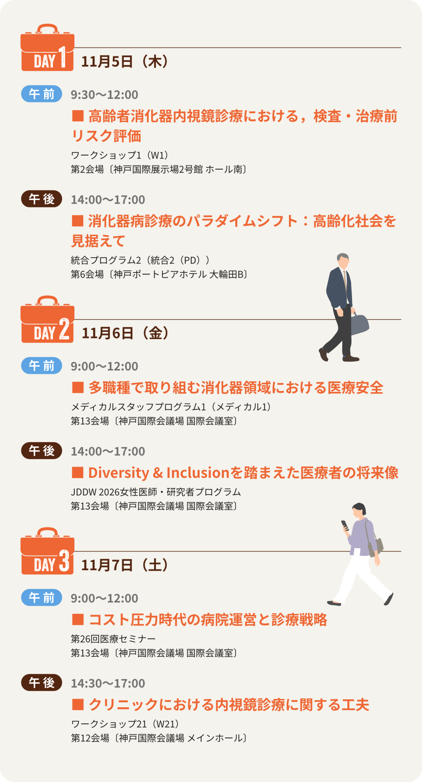 1日目は、ワークショップ1「高齢者消化器内視鏡診療における，検査・治療前リスク評価」、統合プログラム2「消化器病診療のパラダイムシフト：高齢化社会を見据えて」、2日目は、メディカルスタッフプログラム1「多職種で取り組む消化器領域における医療安全」、JDDW 2026女性医師・研究者プログラム「Diversity & Inclusionを踏まえた医療者の将来像」、3日目は、第26回医療セミナー「コスト圧力時代の病院運営と診療戦略」、ワークショップ21「クリニックにおける内視鏡診療に関する工夫」