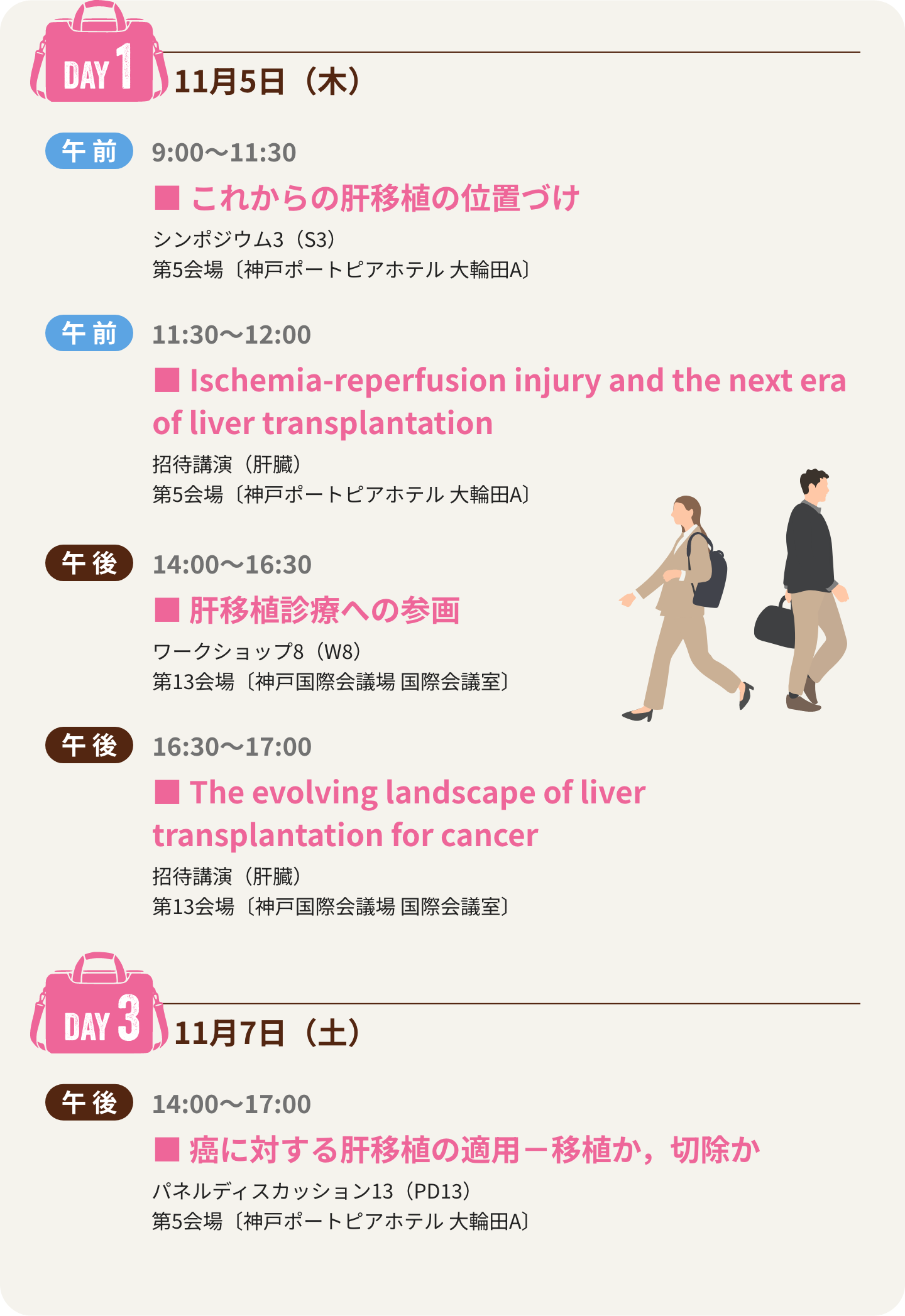 1日目は、シンポジウム3「これからの肝移植の位置づけ」、招待講演（肝臓）「Ischemia-reperfusion injury and the next era of liver transplantation」、ワークショップ8「肝移植診療への参画」、招待講演（肝臓）「The evolving landscape of liver transplantation for cancer」、3日目は、パネルディスカッション13「癌に対する肝移植の適用－移植か，切除か」