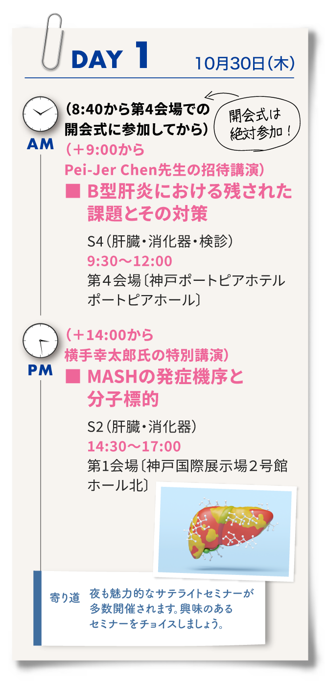 開会式に参加、Pei-Jer Chen先生の招待講演後、シンポジウム4「B型肝炎における残された課題とその対策、横手幸太郎氏の特別講演、シンポジウム2「MASHの発症機序と分子標的」