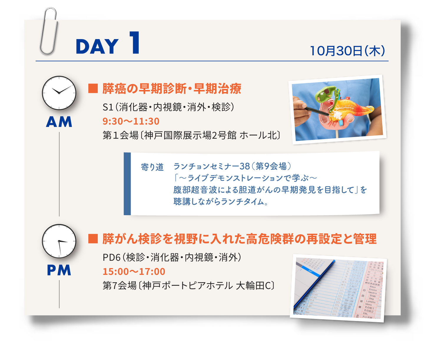 1日目は、シンポジウム1「膵がんの早期診断・早期治療」、ランチョンセミナー38、午後はパネルディスカッション6「膵がん検診を視野に入れた高危険群の再設定」