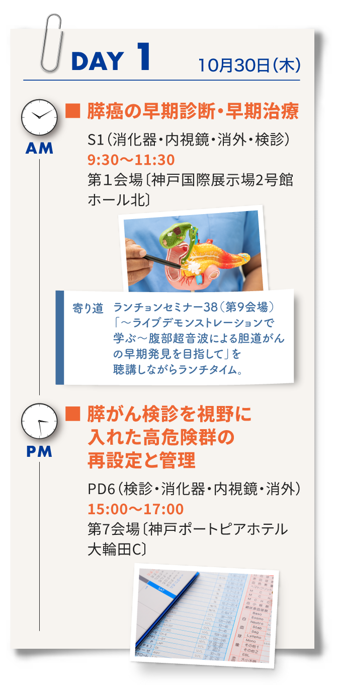 1日目は、シンポジウム1「膵がんの早期診断・早期治療」、ランチョンセミナー38、午後はパネルディスカッション6「膵がん検診を視野に入れた高危険群の再設定」