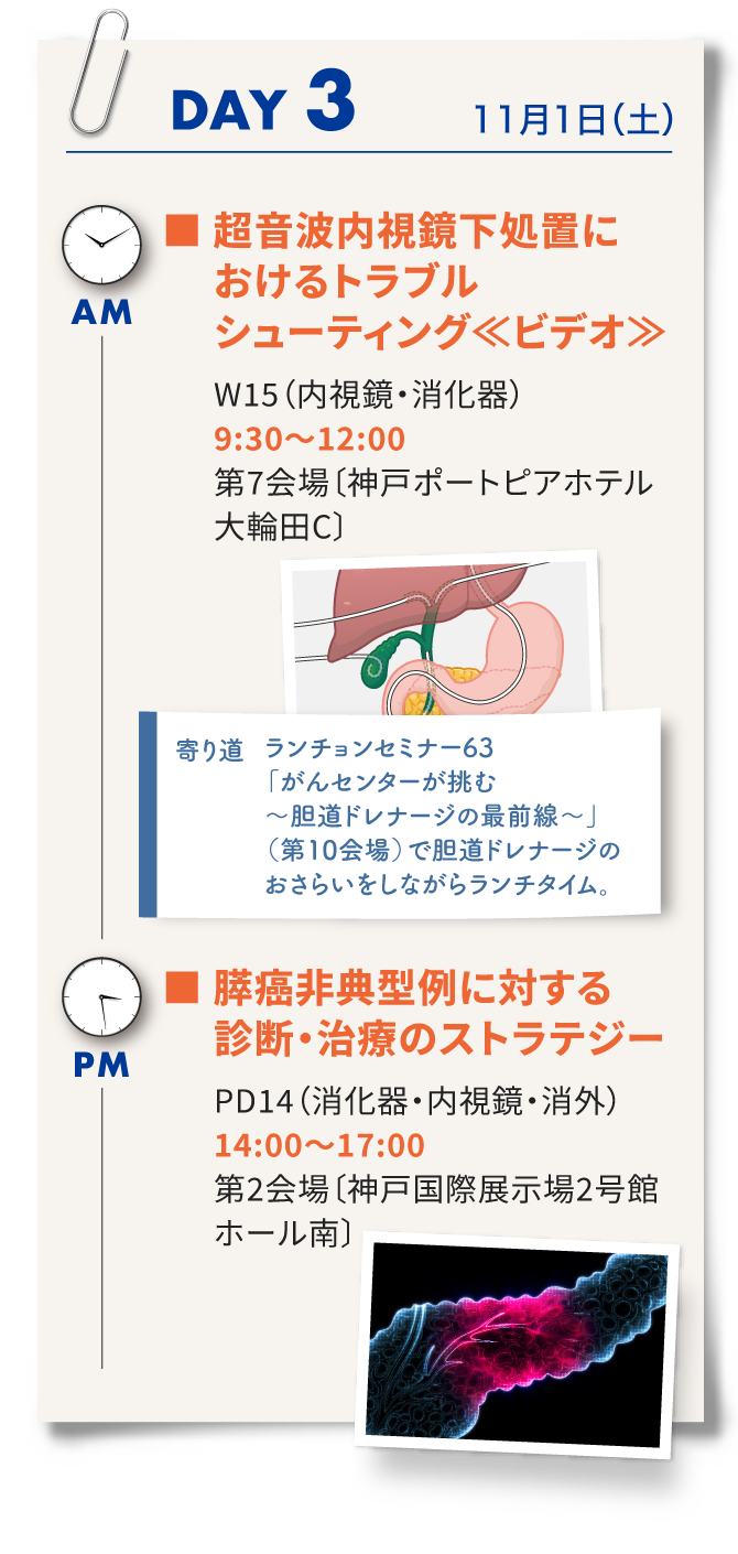 3日目は、ワークショップ15「超音波ないし教科書地におけるトラブルシューティング」、ランチョンセミナー63、パネルディスカッション14「膵がん非典型例に対する治療のストラテジー」